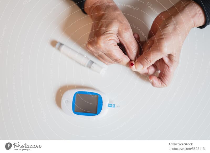 Blood glucose testing for diabetes management at home health elderly meter fingertip blood hypoglycemia monitoring medical home care device digital sugar