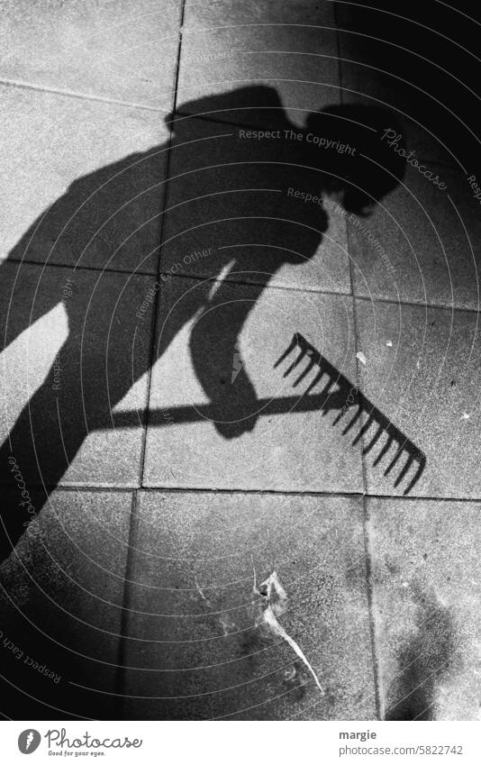 literally | I'll show you the rake! Rake Gardening Shadow Exterior shot Woman bird's-eye view Gardening equipment Tool terrace Shadow play Arrangement