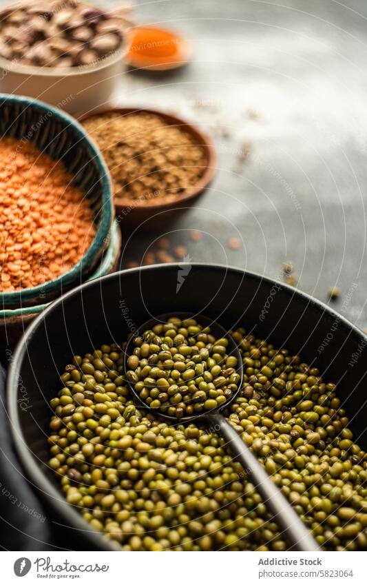 Variety of organic beans displayed in rustic bowls kitchenware mung bean lentil chickpea colorful health culinary food variety raw dried legume detail closeup