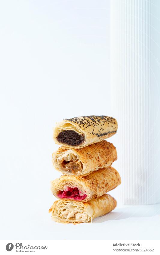 Assorted filled puff pastries stacked vertically puff pastry savory sweet filling dessert snack appetizer baked assortment flaky golden layers various