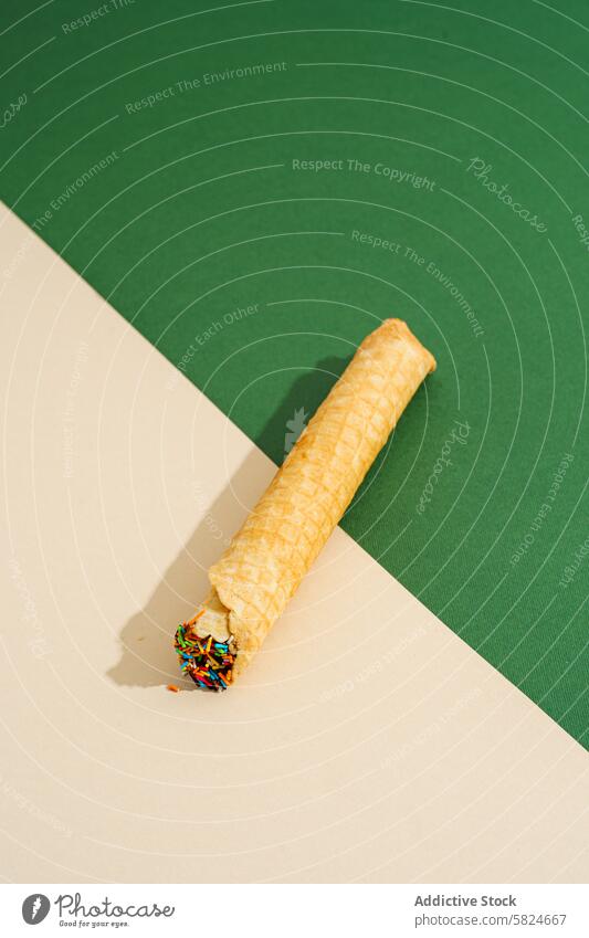 Waffle roll with colorful sprinkles on a two-tone background waffle diagonal cream green texture dessert snack confectionery sweet playful tempting treat cone