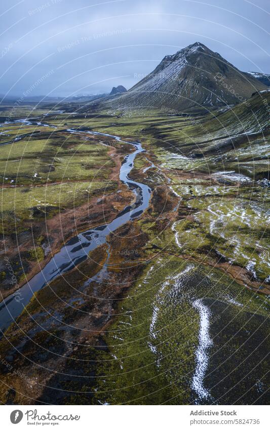 Aerial Highland Landscape with Serpentine River aerial landscape highland river mountain snow serpentine nature scenic view outdoor wilderness travel