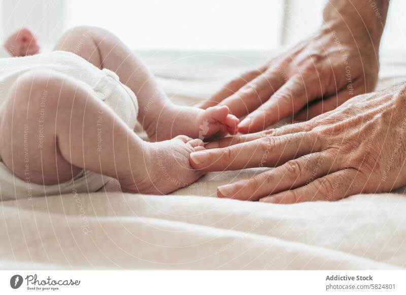 Gentle touch between a baby and adult hands gentle care affection infant connection bond foot tiny skin soft love parent child human contact nurture family