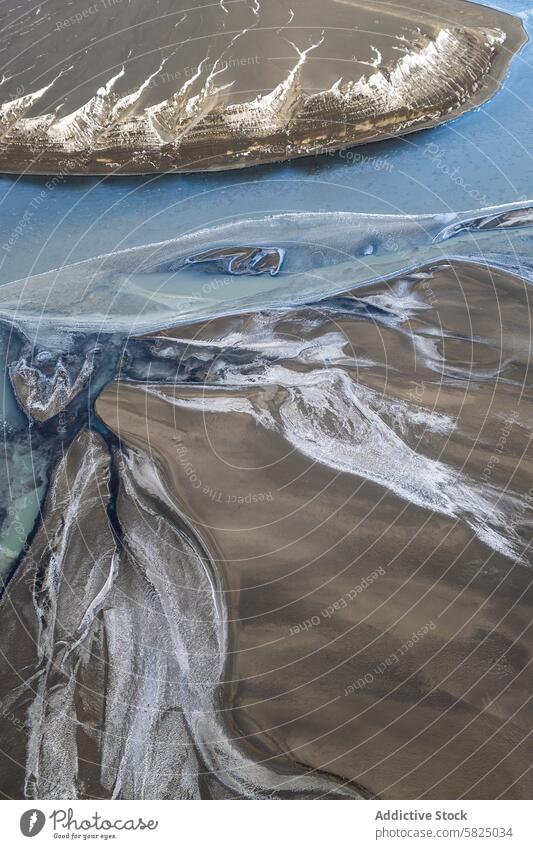 Iceland's highland rivers from above with snow-capped mountains iceland aerial view view landscape topography glacial river meandering terrain earth sediment