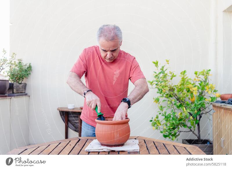 Senior man planting in a pot on a sunny terrace senior garden hobby outdoor greenery daylight caring gardening activity retired lifestyle leisure relaxation