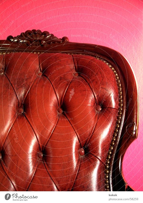 now also in color Armchair Ancient Antique Flea market Bulky Sublime Leather Brown Glittering Polish Pink Magenta Time Comfortable Calm Luxury Memory
