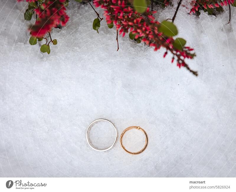 Winter wedding with wedding rings in the snow Wedding rings Rings Gold Silver pair rings gold yellow gold rose gold pink Round reclining Snow winter wedding