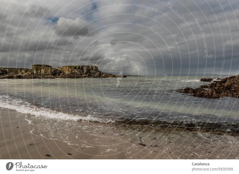 On the beach and no beach weather Elements coast Water Clouds Low tide High tide Surf Waves White crest rock formation Landscape stones Beach Vacation & Travel