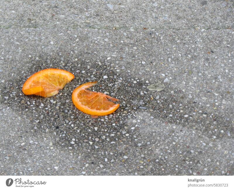 What was left of the cocktail... Orange slice Patch Asphalt Street Colour photo Deserted Day Gray Exterior shot Cocktail Copy Space Bird's-eye view