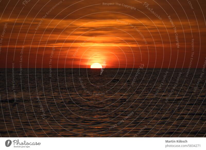 Sunset on the horizon of the Baltic Sea. Orange sun sinks into the water. Romantic sunset sunbeams sunshine reflection wavy coast romantic travel nature Swarm