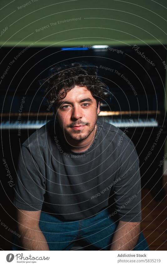 Young man with curly hair sitting in front of a piano young adult portrait dim light indoors music musician serious concentration looking camera black piano