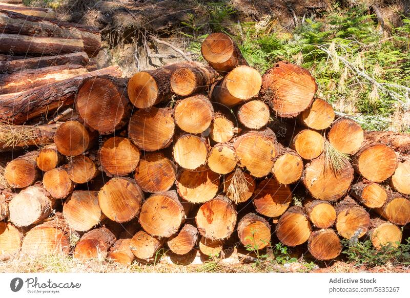 Stacked Timber Logs in Cuenca Forest pine log stack cut timber forestry cuenca wood tree lumber industry environmental lumberyard pile round cross-section