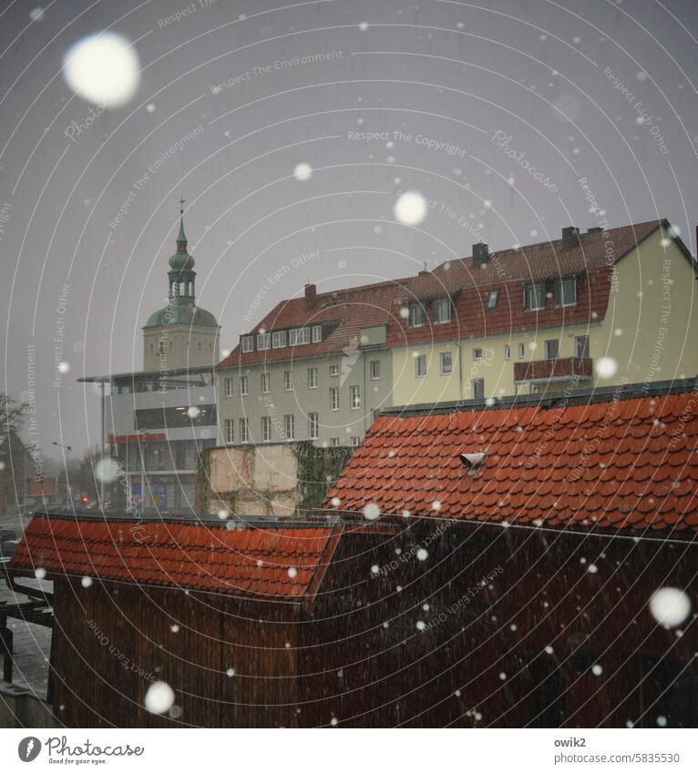 Dark Season Snowfall Snowflake Hover To fall Calm snowy Light (Natural Phenomenon) Old town roofs Window Facade Wall (building) Lauenturm Spire Winter's day