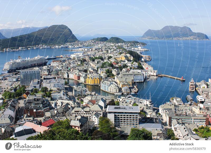 Cityscape of Alesund city on a sunny summer day, Norway aerial aksla alesund architecture art nouveau attraction blue building cityscape coast coastline cruise