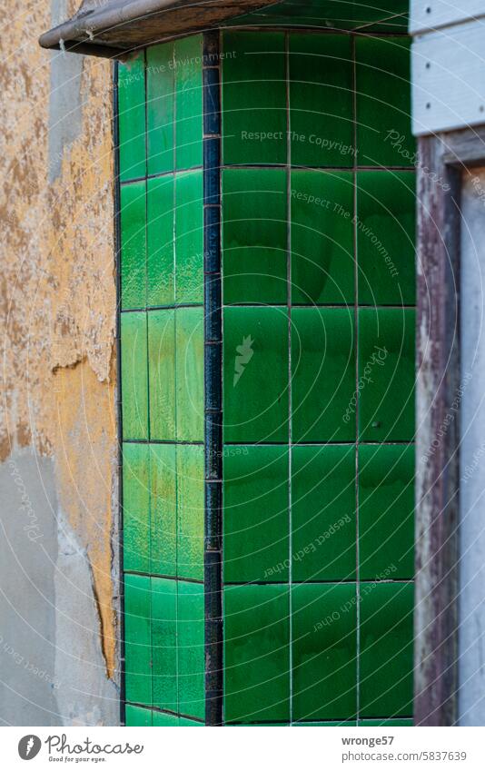 The green corner Corner Wall (building) House (Residential Structure) Building Entrance Facade Deserted Exterior shot Town Tile Split clinker Green green tiles