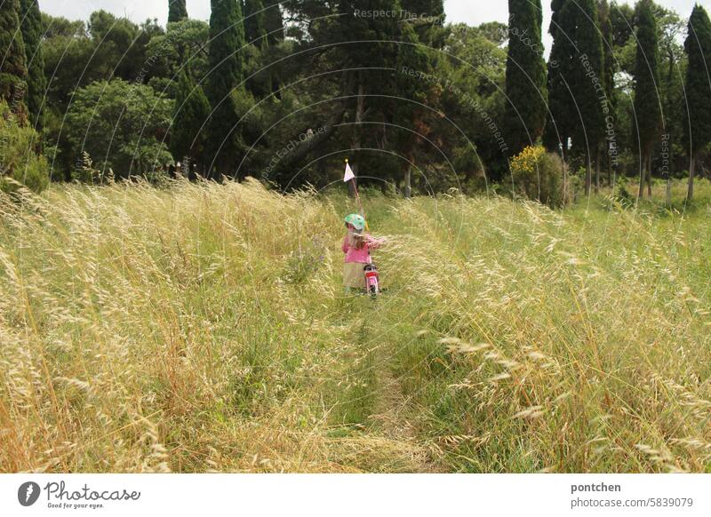 a child on a bicycle with a pennant in the tall grass Child Kiddy bike Girl Pink Bike helmet Trip Cycling tour grasses burdensome Leisure and hobbies Movement