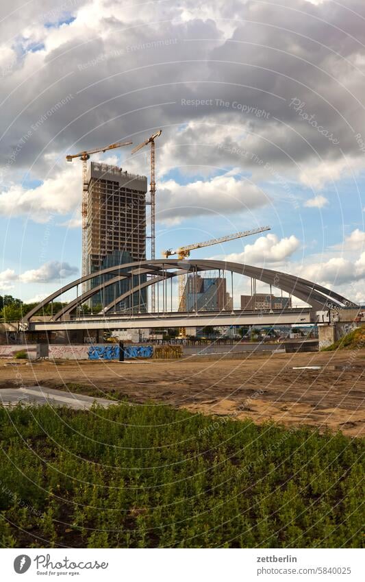 High-rise building under construction behind bridge under construction Architecture Berlin Office city Germany Facade Window Building Capital city