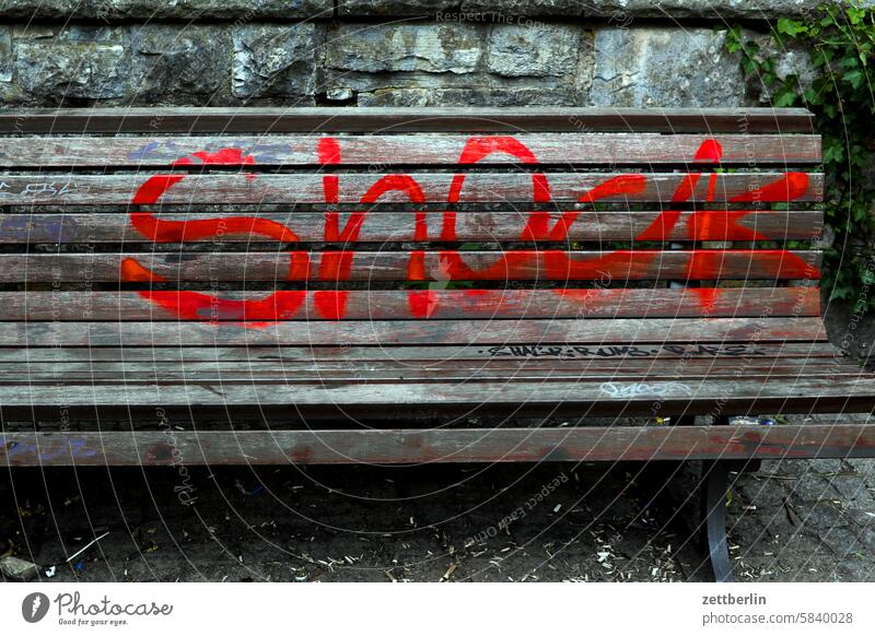 Shock on the park bench Remark Bench Term embassy letter sprayed graffiti Grafitto illustration Children's drawing Chalk Chalk drawing Art Wall (barrier)