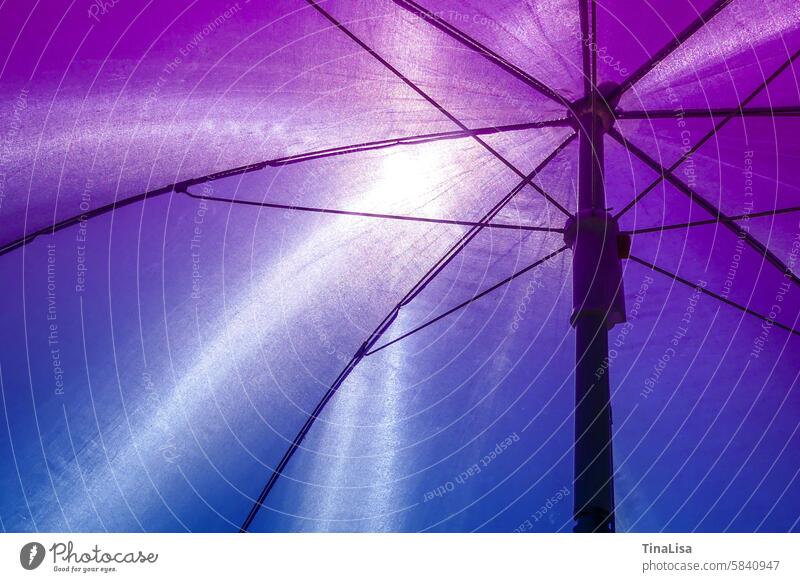 Parasol in colorful Sunshade sun protection Summer variegated Blue purple Pink linkage Sunlight Sunbathing vacation Colour photo Exterior shot