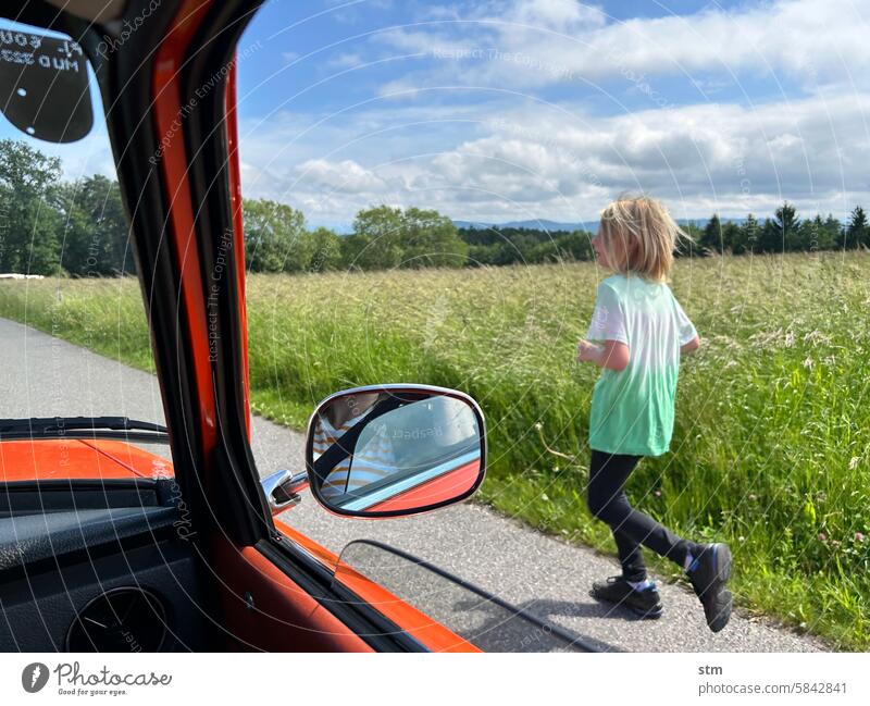 Running is faster than driving a classic car! Vintage car Boy (child) Walking running boy Street Nature Landscape Jogging Movement Do not drive Fitness Sports