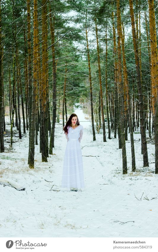 winter child Winter Snow Feminine Woman Adults 1 Human being Nature Forest Dress Long-haired Stand Wait Thin White Emotions Moody Cold Dream Sadness