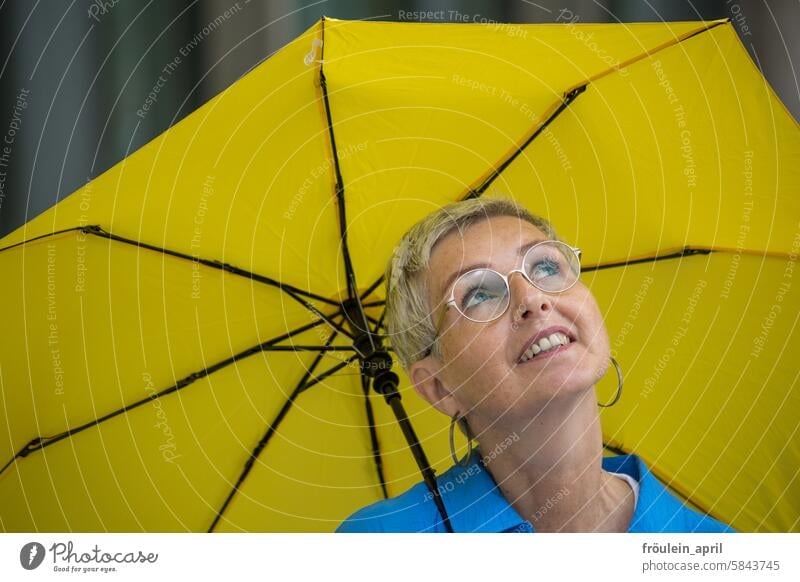 UT Leipzig 2024 | Bright to cloudy | Nope, no rain - woman looking up at the sky with a yellow umbrella for protection Umbrella Yellow Woman portrait Rain