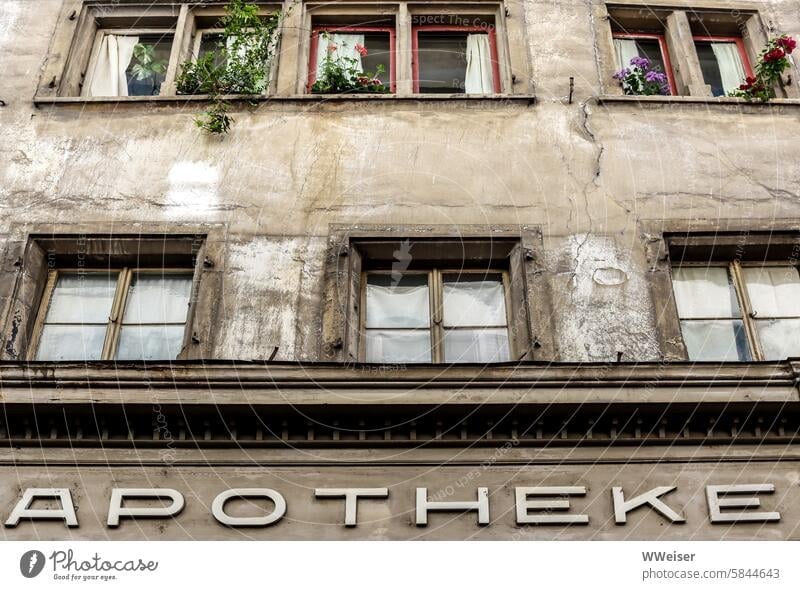 An old residential building with a traditional pharmacy on the first floor House (Residential Structure) Apartment Building Pharmacy Facade Window dwell Town