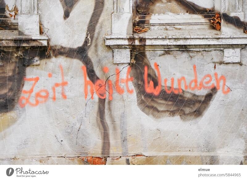 Graffiti with text - Time heals wounds - on an old house wall consolation saying Street art Wisdom Daub Mural painting Youth culture Blog Subculture Creativity