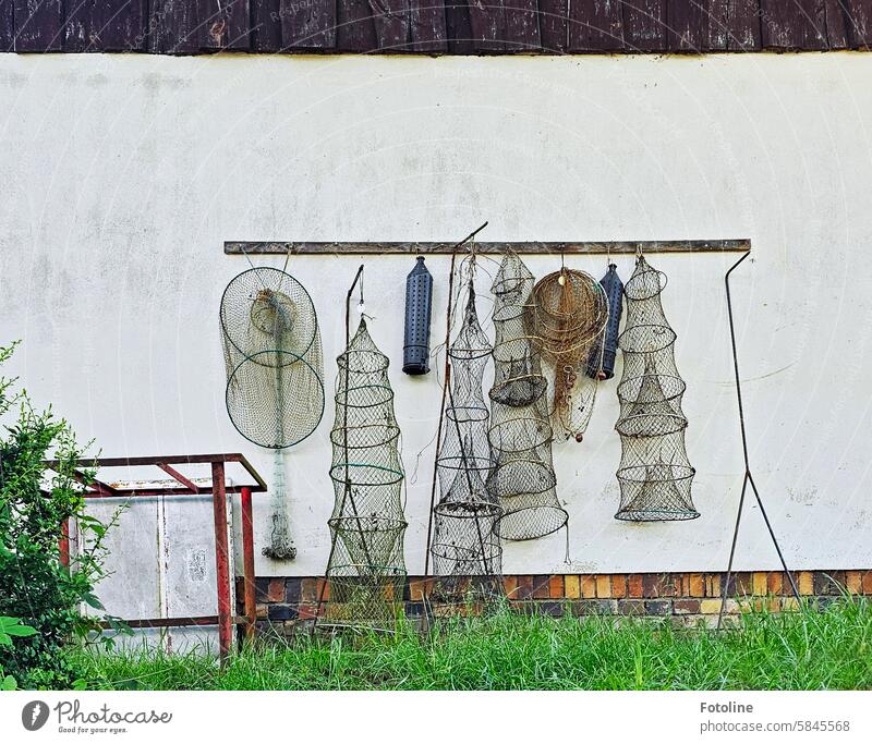 Fish traps hanging on hooks on the wall of a house in the Spreewald. fishing Net Wall (building) house wall Facade Meadow Lawn Fishing net Structures and shapes