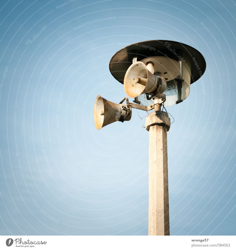 mouthpiece Loudspeaker Street lighting Megaphone Old Blue Lantern Lamp Telegraph pole Broken Remainder Colour photo Subdued colour Exterior shot Close-up Detail