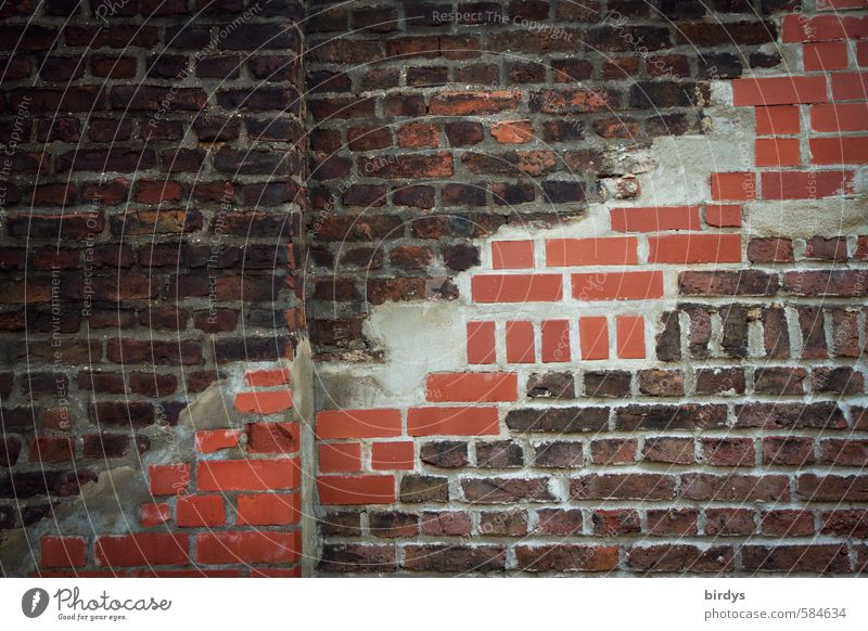 mixed masonry Wall (barrier) Wall (building) Brick Old Exceptional Variable Senior citizen Town Change Repaired patchwork Brick wall Colour photo Exterior shot