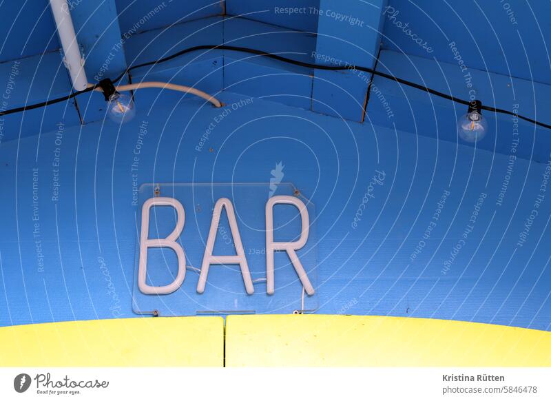 bar in blue and yellow Bar neon sign Roadhouse Club Counter Alcoholic drinks illuminated letters Letters (alphabet) neon advertisement illuminated sign