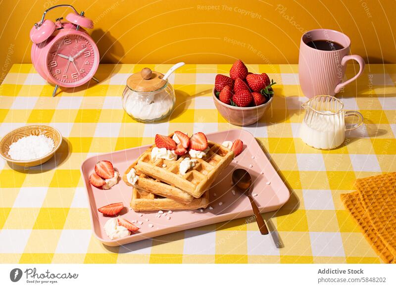 Delicious Waffle Breakfast with Fresh Strawberries Alarm Clock Artistic Bright Casual Checkered Cheerful Cozy Culinary Desserts Freshness Milk jar pastry