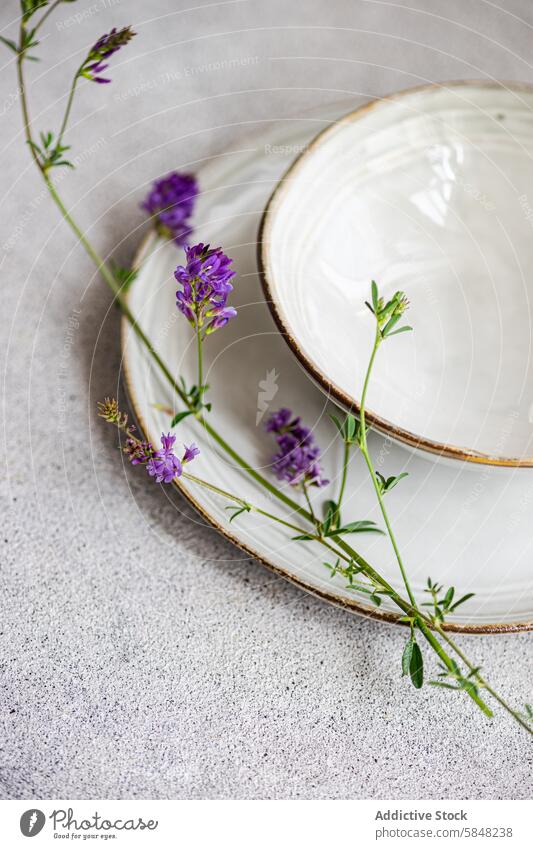 Minimalist summer table setting with wildflowers minimalist alfalfa nature vintage plate decoration concrete texture simplicity floral design surface tableware