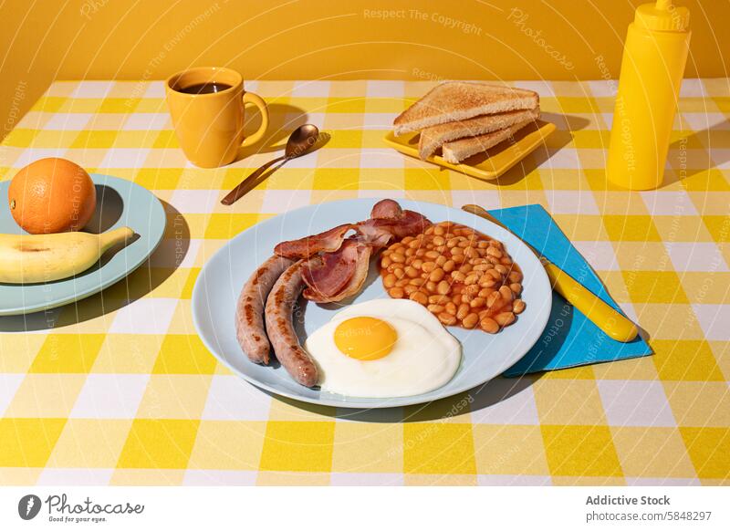 In a coloured Tablecloth lays a blue plate containing a delicious Breakfast with Eggs, beans and sausages, and there are some bread slices, a cup of coffee and some fruit