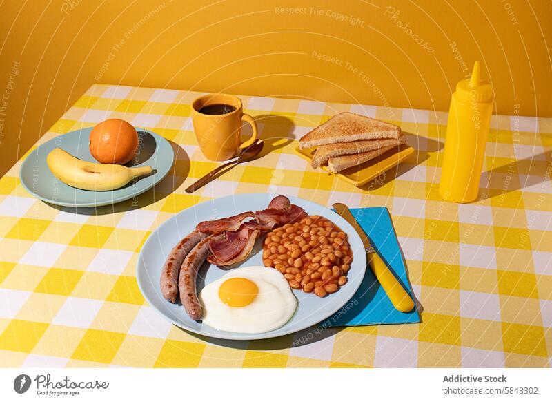 Yellow coloured Tablecloth with a delicious full English Breakfast, egg, beans, sausages and bacon, some toasted bread slices, fruit and a cup of coffee