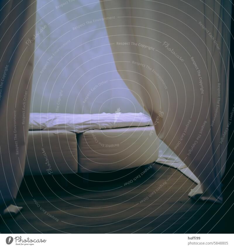 round bed in the diffuse darkness behind a half-open curtain Bed tranquillity Nightmare Drape Dream Fatigue retreat Rest Relaxation Sleep Bedroom Retreat