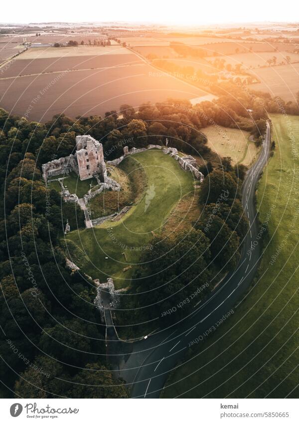 Castle in England castle Scotland Border Border castle Ruin Green Sunrise Street Idyll trees Deserted Historic Tourist Attraction Field