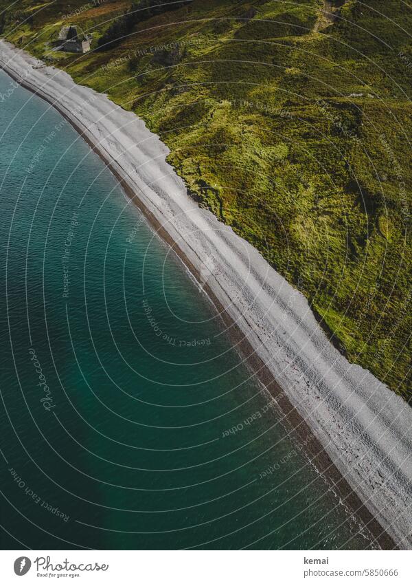 Coast in Wales coast Turquoise Green Beach Water Ocean Line Bird's-eye view UAV view Picturesque Vacation & Travel Blue Landscape