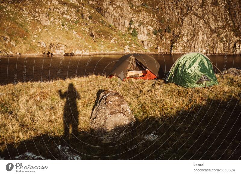 wild camping Camping Wild camping camp wild Tent two Hiking in the morning Shadow Human being Stone bank Lake mountains Wales out