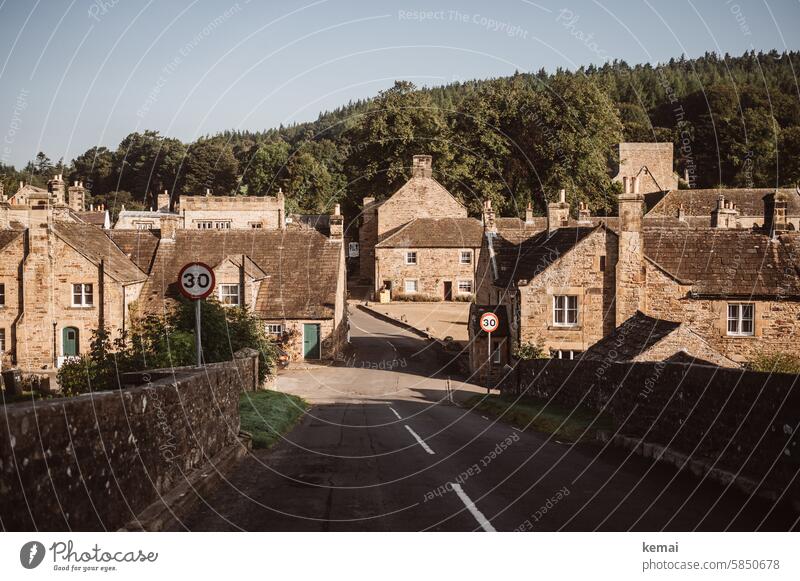 English village Village Lonely Deserted England Sandstone Idyll Street House (Residential Structure) 30 Empty in the morning Peaceful Forest trees Sky