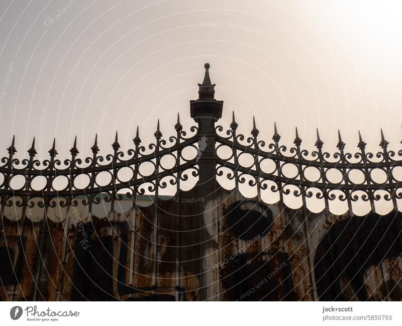 time-honored wrought iron fence Fence Wrought iron Old Decoration Wrought ironwork Historic Metalware Point rusty Structures and shapes Nostalgia Sunlight