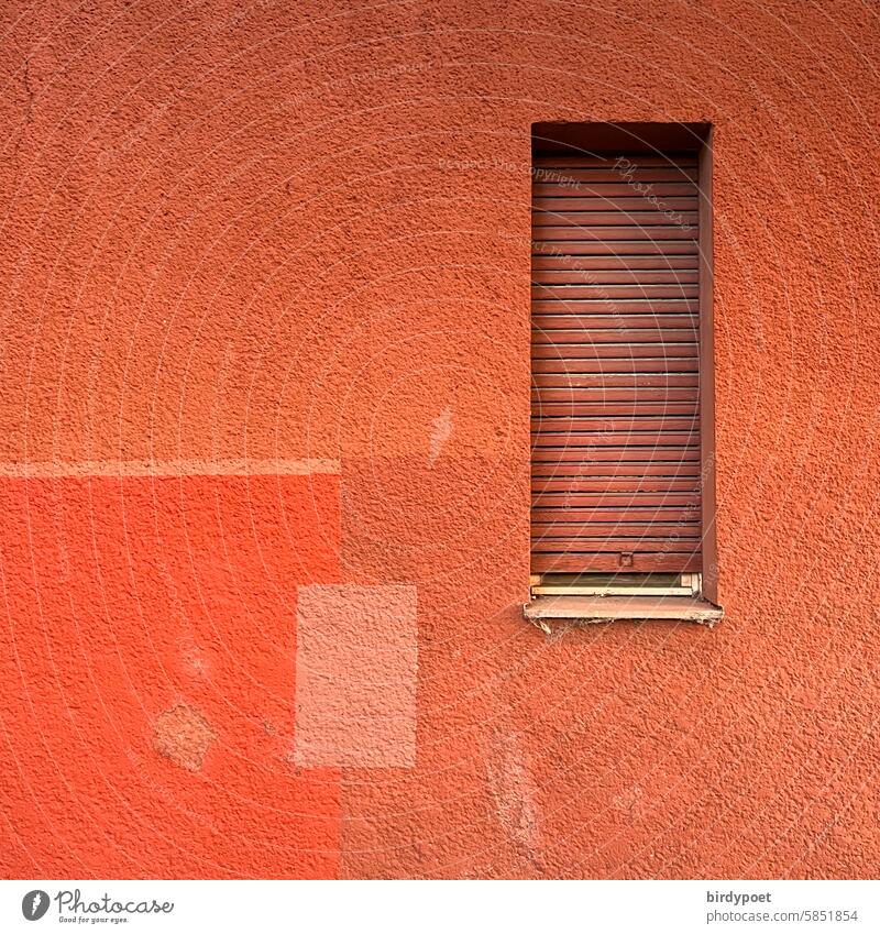 colored house wall (red tones) with brown wooden blinds Venetian blinds Facade Window Architecture Roller shutter Closed Red tones Orange Bright red Pink Beige