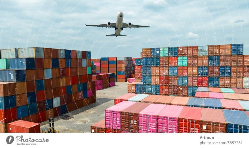 Airplane flying above container logistic. Container crisis. Freight transportation. Logistic industry. Container ship for export logistics. Container at the harbor for truck transport. Air transport.