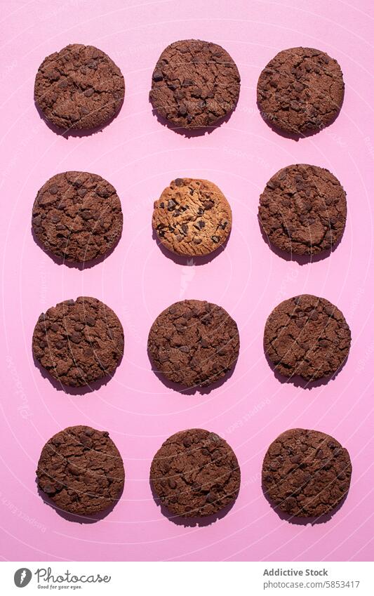 Flat Lay of Chocolate Chip Cookies on Pink Background Arrangement Baked Dessert Baked Sweets Blue Surface Broken Cookies CHOCOLATE COOKIES COOKING Choc Chip