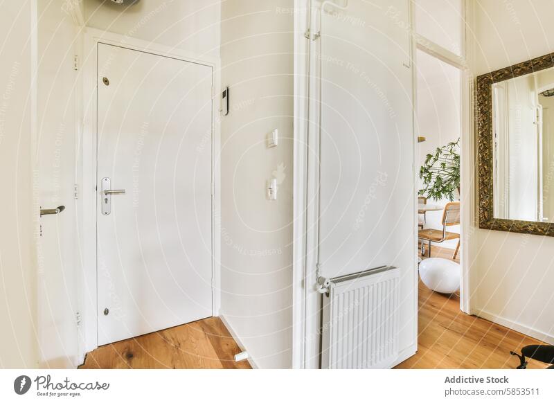 Bright Entryway with White Doors and Wooden Floor entryway white doors wooden floor bright clean modern minimal natural light radiator mirror decor hallway