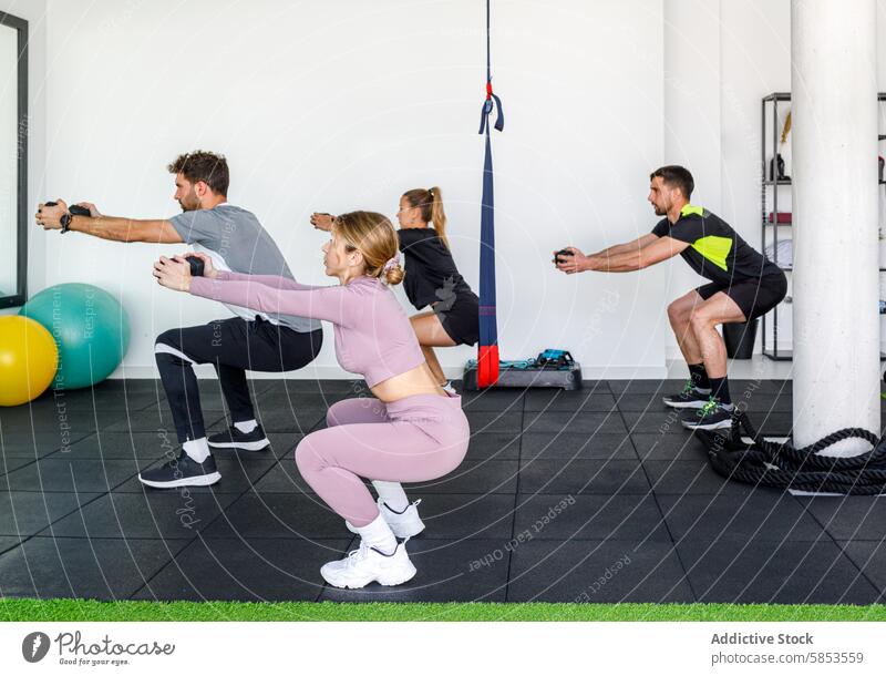 Group fitness class performing squats in a modern gym exercise group training workout health wellness determination focus accessory equipment indoor bright