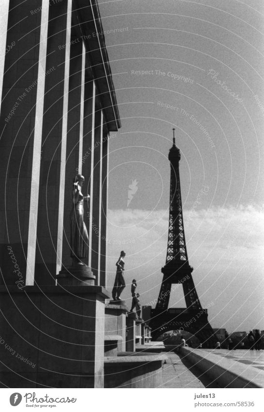 Paris Eiffel Tower Building Concrete France Summer Light Black & white photo Perspective Exterior shot Architecture
