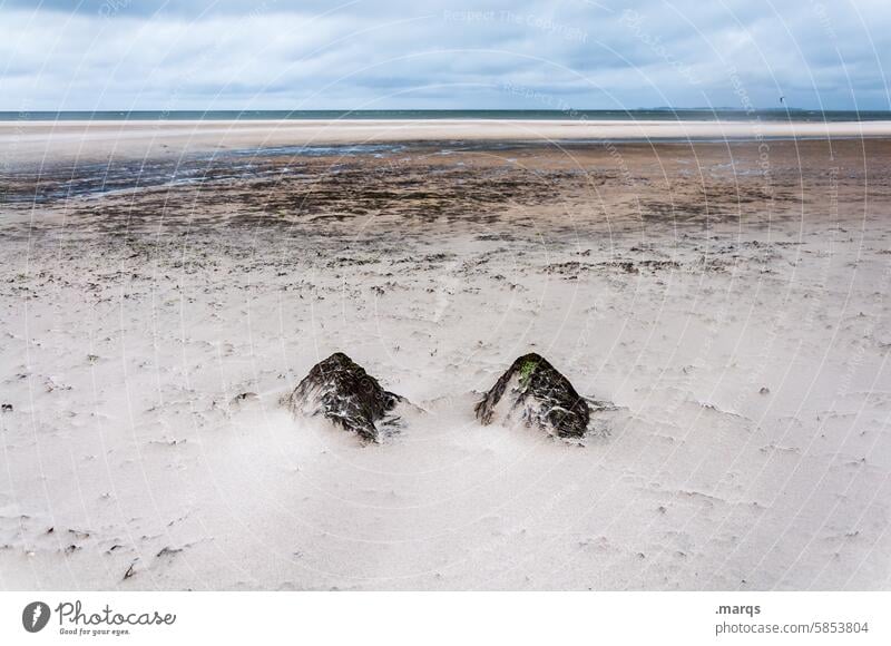 Together Amrum Beach Weather Climate Horizon coast Tide Low tide stones Sand Rock Attachment rock in the surf Dependability Symbols and metaphors Sky Clouds