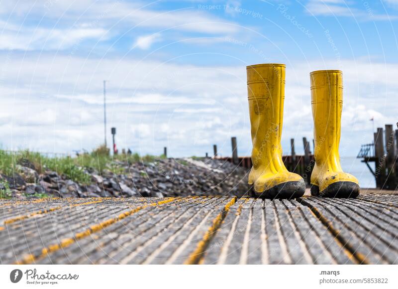 Steenodde Rubber boots Harbour Fisherman coast Footbridge Work and employment Fishery Sky Beautiful weather Yellow Amrum work Docker Jetty plank